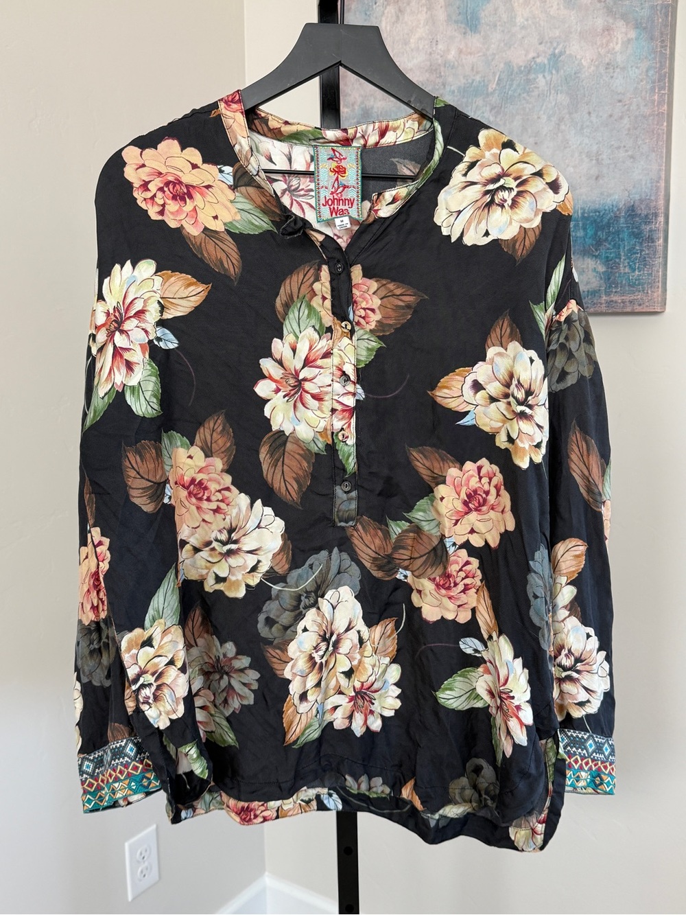 Johnny Was Corey Silk Blouse Black Floral Embroidered Boho Boxy Long Top Medium